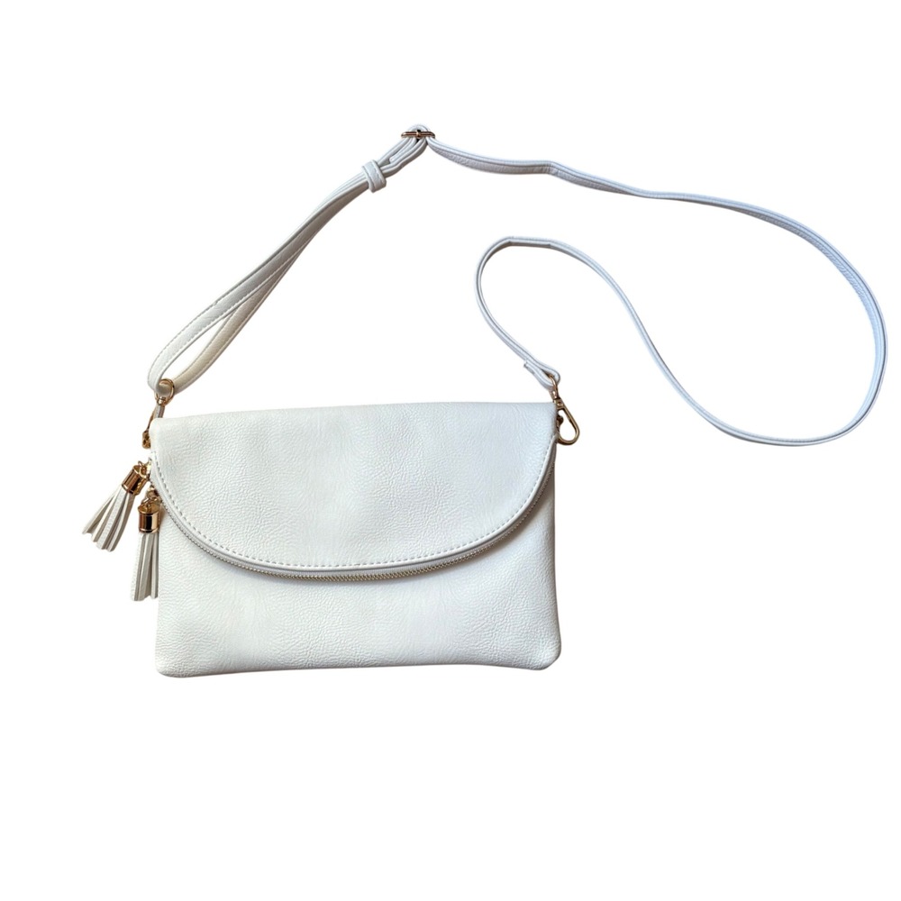 White Foldover Tassel Clutch Crossbody Bag Gold‎ Hardware Faux Leather